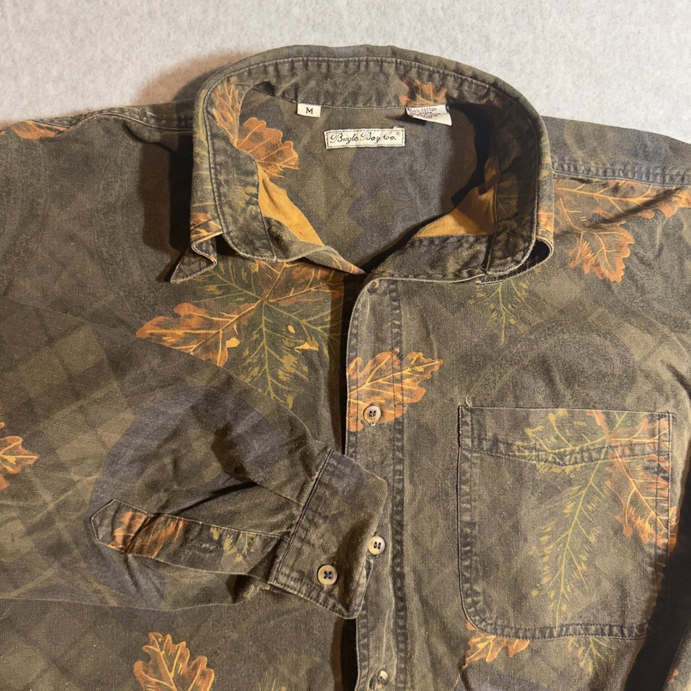 Vintage Bugle Boy Co Mens Medium Button Down Shirt Olive Leaf Print Camo 90s VTG